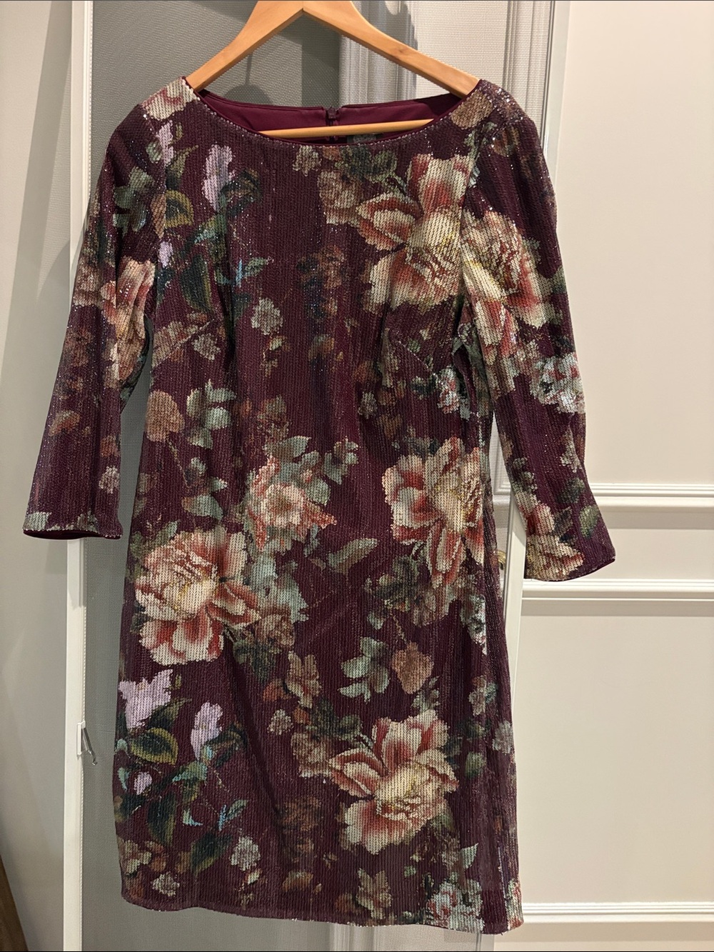 Vince Camuto Burgundy Floral Sequin Long-Sleeve Dress